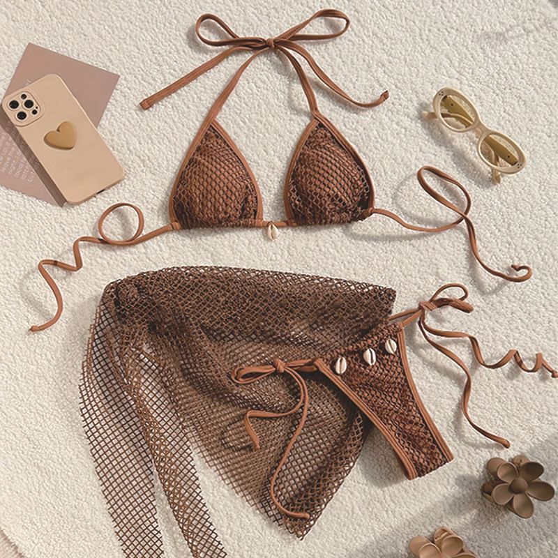 Women's Clothing Color Sexy Bikini Three Piece Swimsuit Women's Mesh Shirt Beach Skirt Swimsuit_ecoleips.com