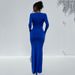 Women Trendy Figure‑Flattering Maxi Dress With Deep V‑Neck, Long Sleeves, Delicate Pleats & High‑Slit Hem_ecoleips.com