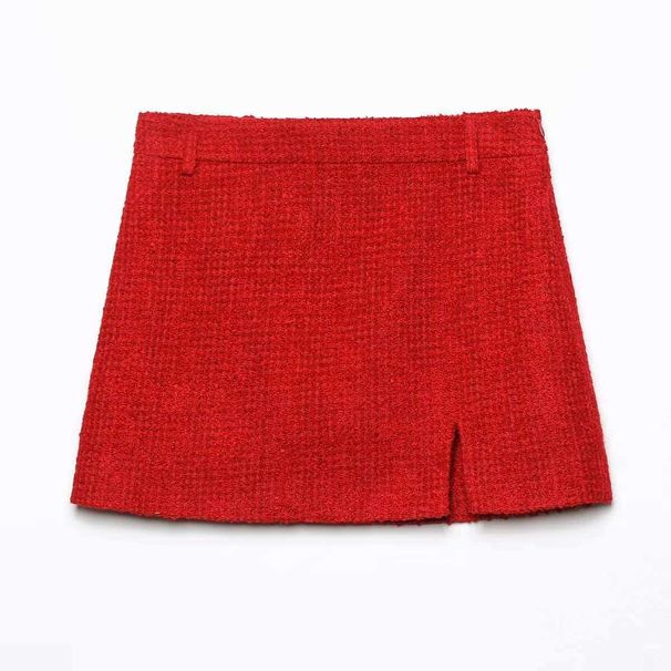 Women's Autumn Red Tweed Skirt Suit - Elegant Two-Piece Set With Long Sleeve Jacket & Mini Skirt For Office & Casual Wear_ecoleips.com