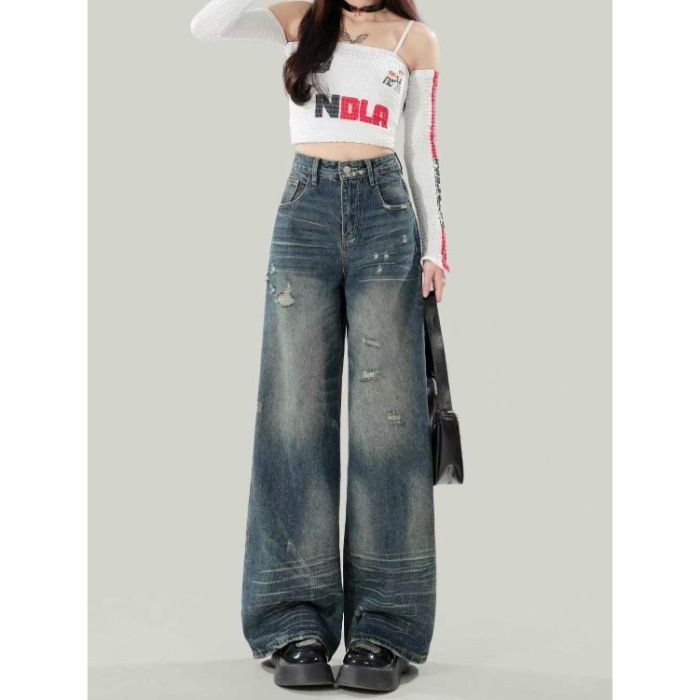 Unique Retro Blue Ripped Wide-leg Jeans For Women, Summer American-style Distressed Loose Straight-leg Pants, Versatile_ecoleips.com