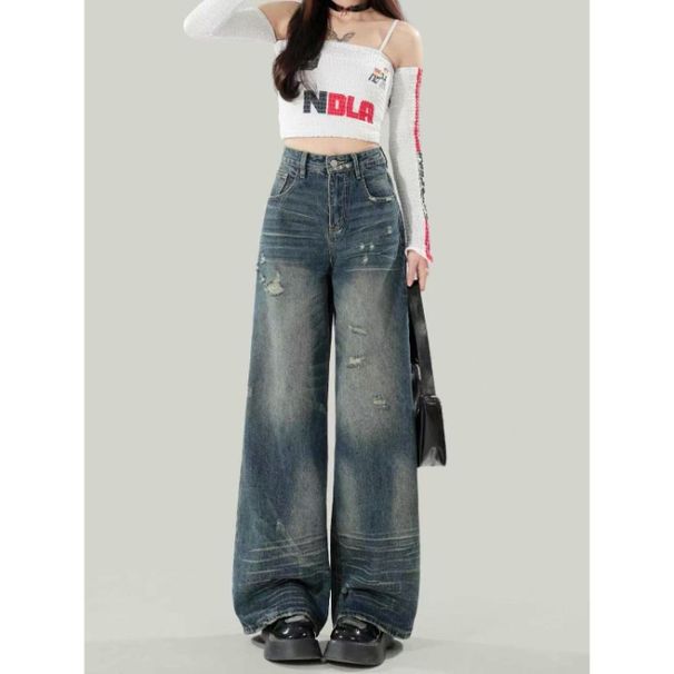 Unique Retro Blue Ripped Wide-leg Jeans For Women, Summer American-style Distressed Loose Straight-leg Pants, Versatile_ecoleips.com