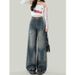 Unique Retro Blue Ripped Wide-leg Jeans For Women, Summer American-style Distressed Loose Straight-leg Pants, Versatile_ecoleips.com