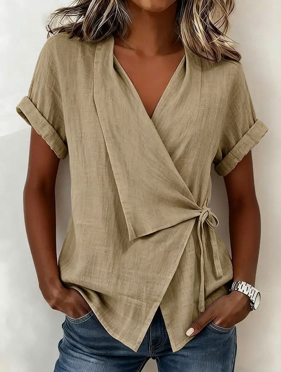 Women's Casual Solid Color Lapel T-Shirt Short Sleeve Irregular Loose Fit Spring/Summer Top American Style_ecoleips.com