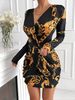 Women's Clothing New Women's Dress Fashionable Temperament Printed Long Sleeved V Neck Hip Wrapped Elastic Short Skirt Banquet_ecoleips.com