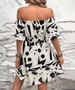 Mini Dress Spring Summer Women Black White Abstract Off Shoulder Puff Sleeve Casual Chic Vacation Beach Dress_ecoleips.com
