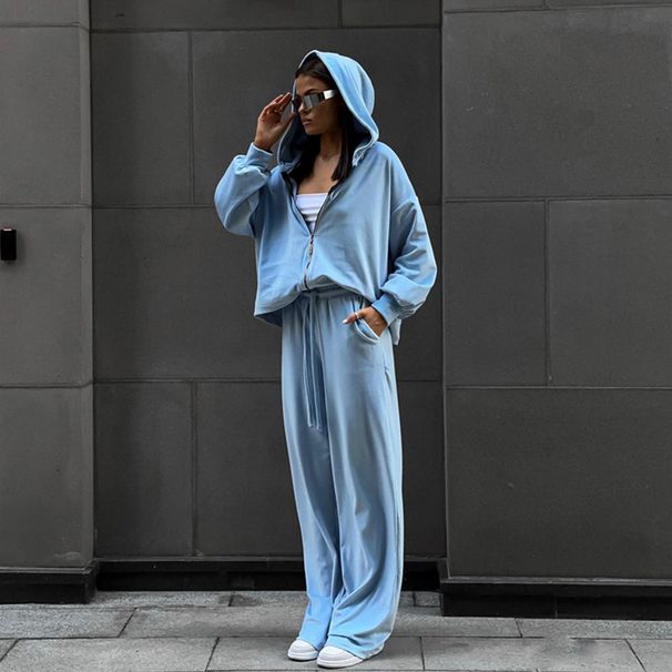 2026 European And American Foreign Trade Casual Autumn Women's Solid Color Sleeve Cardigan Hooded Top Sports Long Pants_ecoleips.com
