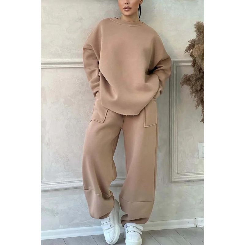 Women's Clothing Hot Selling Cross Border Autumn/Winter Women's Fashion Casual Solid Color Round Neck Long Sleeve Fashion Sports Suit Versatile_ecoleips.com