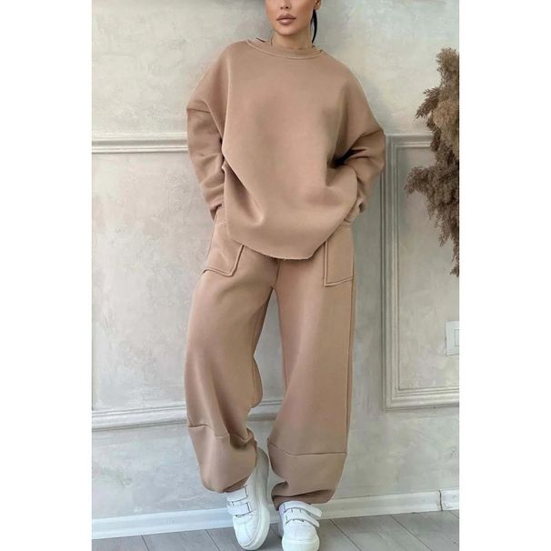 Women's Clothing Hot Selling Cross Border Autumn/Winter Women's Fashion Casual Solid Color Round Neck Long Sleeve Fashion Sports Suit Versatile_ecoleips.com