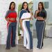 Women's Clothing Denim Stitching Color Stand Up Collar Zipper Top Wide Leg Pants Two Piece Set_ecoleips.com