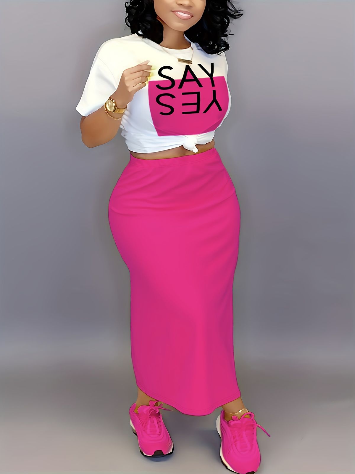 Women's Solid Color Slim Fit Skirt Two Piece Set with Slit Elastic Waist Casual Comfortable Fashion for Spring Autumn_ecoleips.com