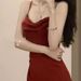 Little Mom Style Elegant Mid-Length Waist-Cinching Ruched Slimming Strap Dress Black Cardigan Two-Piece Set_ecoleips.com