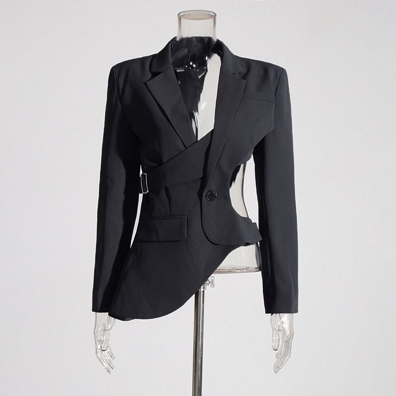 Unique Niche Style 2026 Spring New Asymmetrical Hollow Out Waist-Revealing Slim Fit Women's Blazer_ecoleips.com