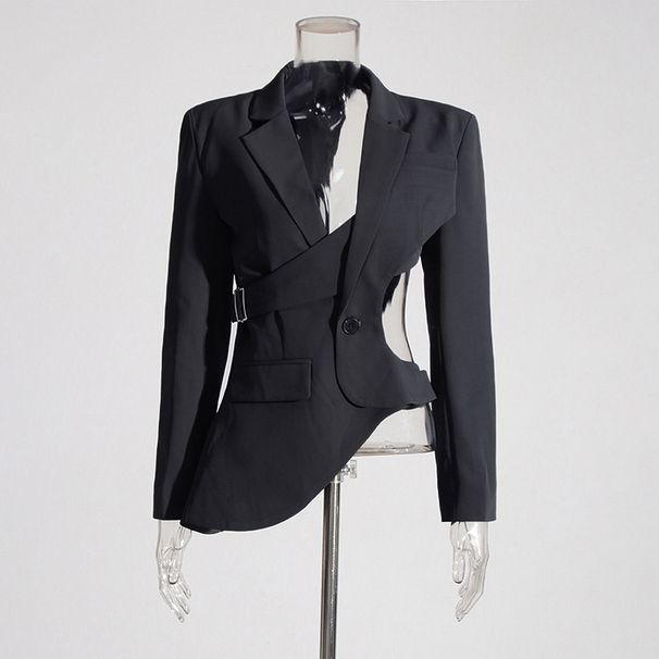 Unique Niche Style 2026 Spring New Asymmetrical Hollow Out Waist-Revealing Slim Fit Women's Blazer_ecoleips.com
