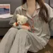 Pajamas Women Long Sleeve Trousers Summer Grey Cardigan Striped Sleepwear Loungewear Two Piece Set Ladies Nightwear Homewear_ecoleips.com