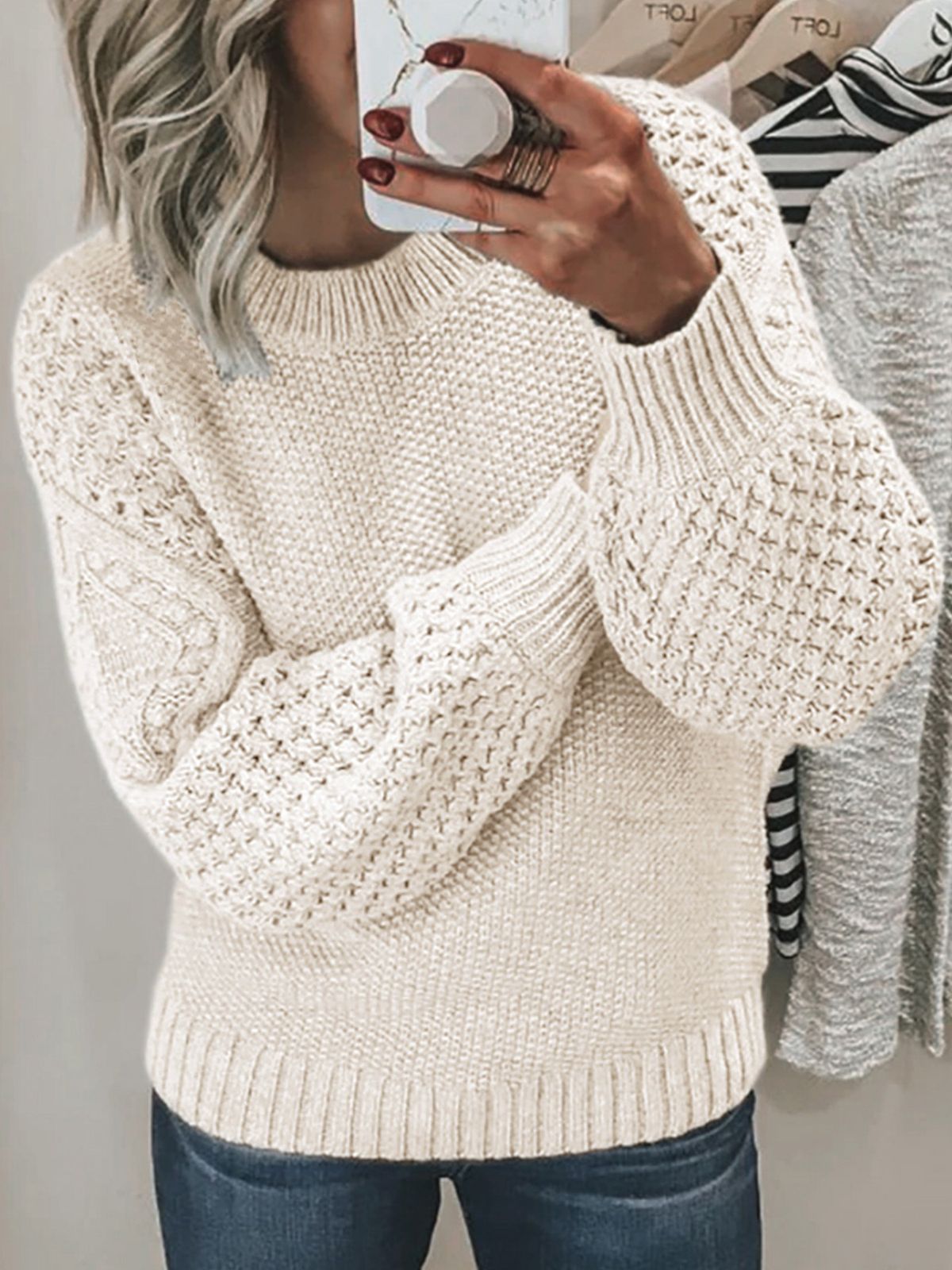 Women's Clothing Classic Slim Fit Long Sleeve Round Neck Knit Sweater For Women & Men - Soft Breathable Polyester Pullover In 8 Colors (Gray, Beige)_ecoleips.com