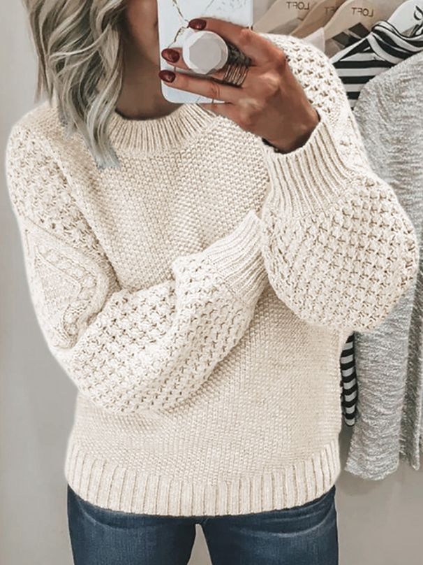 Women's Clothing Classic Slim Fit Long Sleeve Round Neck Knit Sweater For Women & Men - Soft Breathable Polyester Pullover In 8 Colors (Gray, Beige)_ecoleips.com