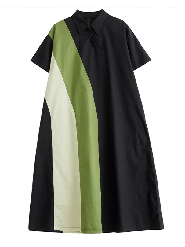 2026 Summer New Patchwork Contrast Color Shirt Dresses For Women Short Sleeve Loose Casual Long Dress Fashion Elegant Clothing_ecoleips.com
