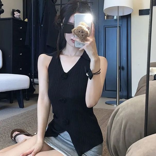 Korean-style Sweet Knit New Camisole With Three-dimensional Floral And Slit Design, Sleeveless Slim-fit Top_ecoleips.com