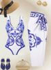 Women's Elegant Beachwear Set Blue And White Porcelain Print One Piece Swimsuit with Wrap Skirt_ecoleips.com