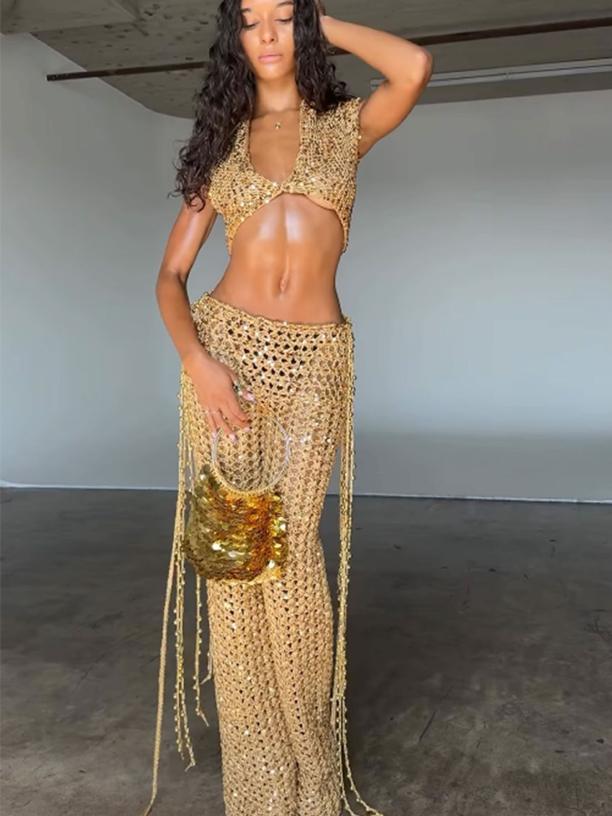 Women's Sequined Vest Set European American Style Retro Hollow Knit Halter Neck Crop Top High Waisted Straight Leg Pants_ecoleips.com