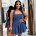Denim-Look Halter Neck Bodycon Mini Dress, Cowl Back A-Line Short Dress For Women, Stretchy Sexy Casual Streetwear Outfit_ecoleips.com