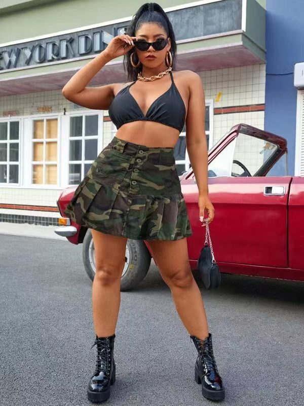 Verve D8586 Spring Summer Cash Women's Camouflage Fold Pocket Button Mini Skirt International Style_ecoleips.com