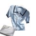 Women's Clothing Blue Lapel Short Sleeved T Shirt Contrast Color Knitted Sweater Top_ecoleips.com