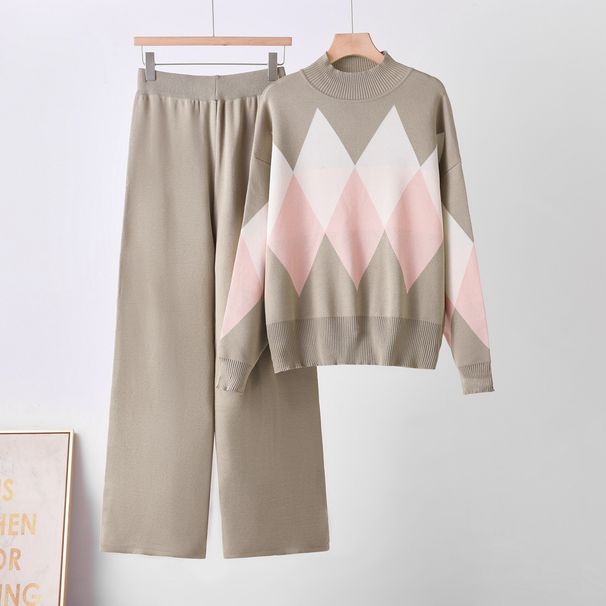 Women's Fashion Two Piece Set round Neck Sweater And Wide Leg Pants Loose Fit Autumn Winter Casual Versatile Cross Border European American Style_ecoleips.com