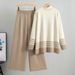 K Fashion Casual Suit For Women; Half-turtleneck Striped Sweater With Wide-leg Pants Two-piece Set_ecoleips.com