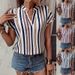 Verve 2025 Women's Spring Summer New Striped Print V-neck Batwing Sleeve Shirt T-shirt_ecoleips.com
