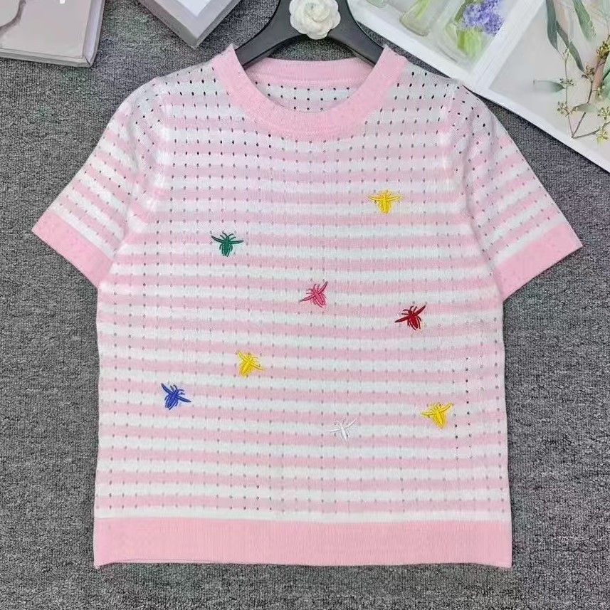 Elegant Women's Silk Bee Embroidery Pullover Knit Sweater Color Block Striped Design Spring/Summer Top Luxury Cool Style_ecoleips.com