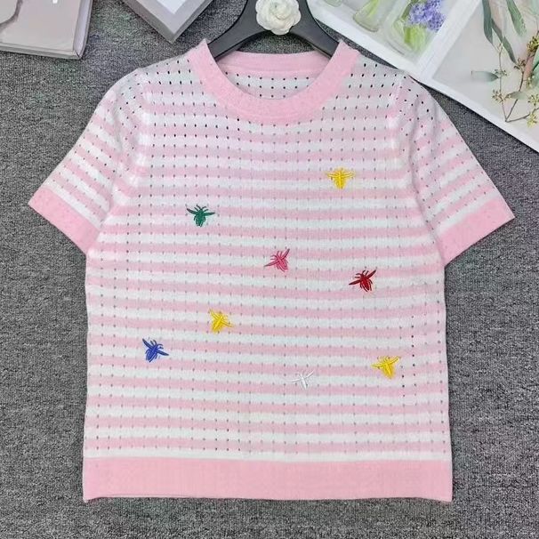 Elegant Women's Silk Bee Embroidery Pullover Knit Sweater Color Block Striped Design Spring/Summer Top Luxury Cool Style_ecoleips.com