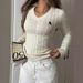 Women's V-Neck Cable Knit Sweater With Rope Detail, Long Sleeve Pullover Top For Casual Chic Style_ecoleips.com