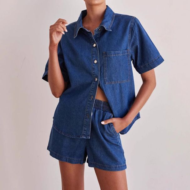 Women's New Summer Denim Suit Washed Vintage Solid Colour Short-sleeved Shirt Shorts Denim Two-piece Set_ecoleips.com