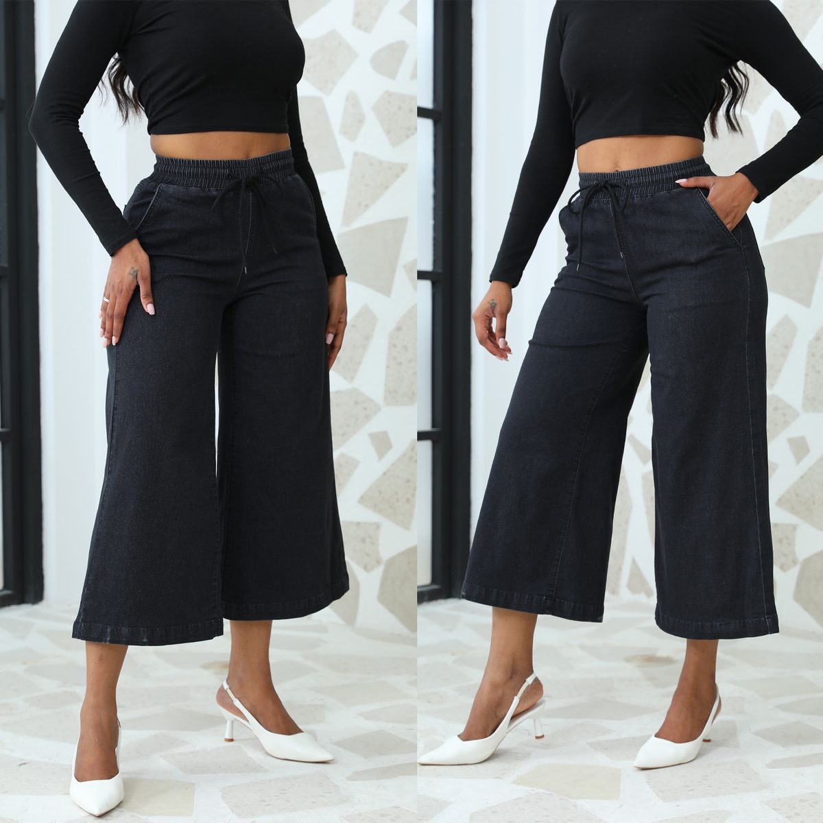 Women's Clothing New Lace Up Stretch Jeans Straight Wide Leg Nine Point Pants_ecoleips.com