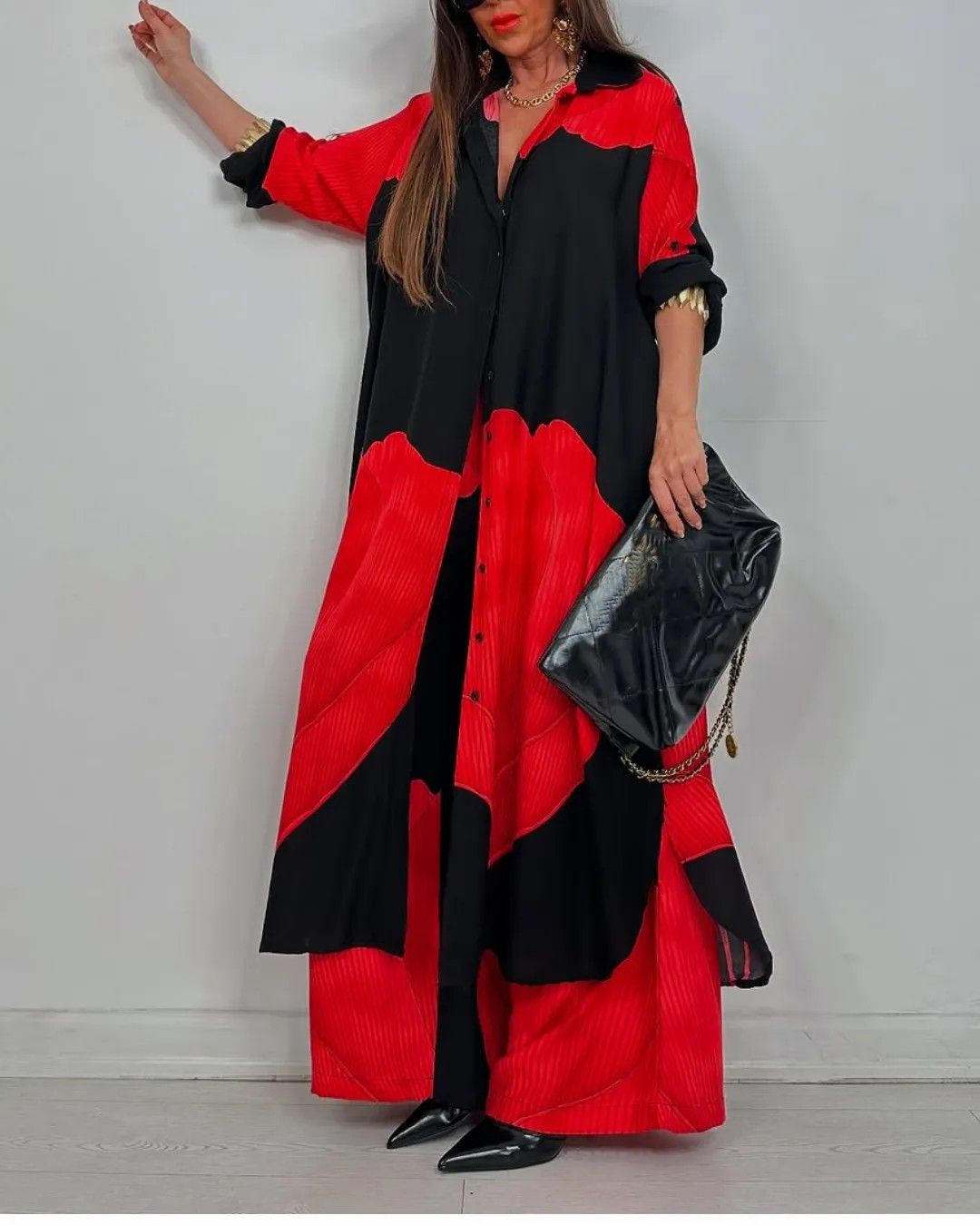 Women's Color-Block Two-Piece Suit Set - Relaxed Shirt & Flowy Pants Stylish Trousers Top Combo In Red Blue Navy Green Burgundy_ecoleips.com