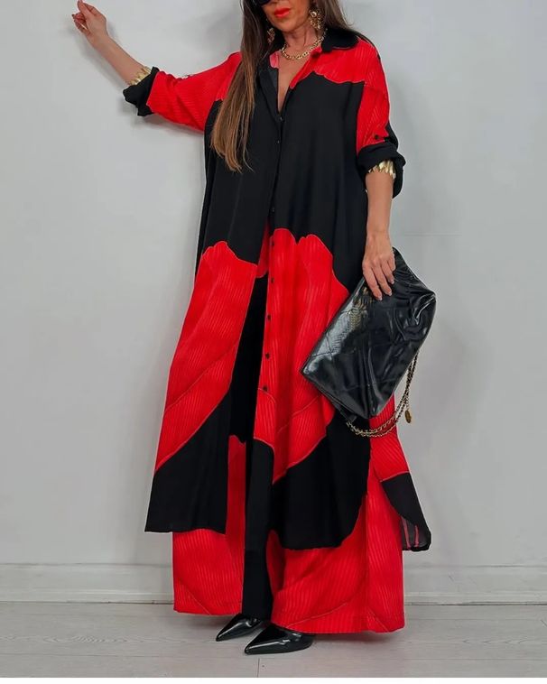 Women's Color-Block Two-Piece Suit Set - Relaxed Shirt & Flowy Pants Stylish Trousers Top Combo In Red Blue Navy Green Burgundy_ecoleips.com