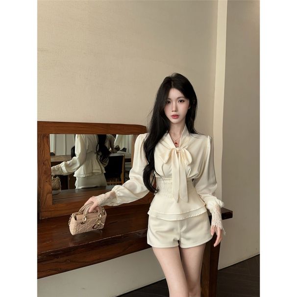 French-style Apricot-colored Bow New Lace-trimmed Satin Waist-cinching High-end Shirt, Stylish And Versatile_ecoleips.com