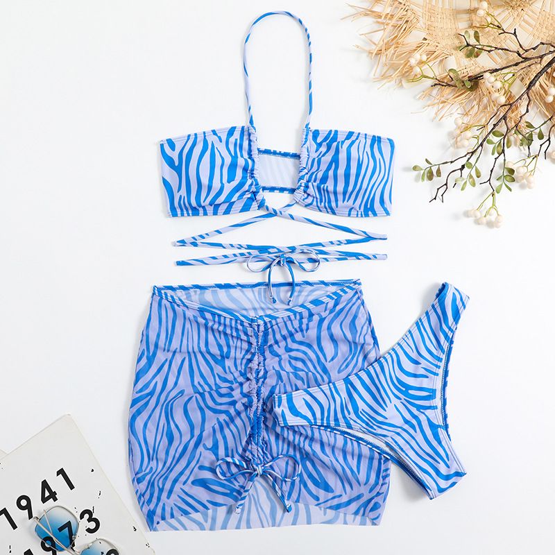 New 2025 Three Piece Swimsuit Women's Bikini with Drawstring Striped Print European And American Style Cross Border E Commerce_ecoleips.com