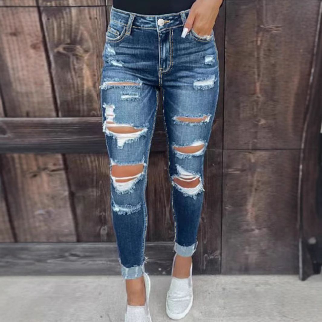 Distressed Skinny Jeans For Women – High-Stretch Denim With Ripped Details (S-4XL, Dark Blue, Punk & Streetwear Style)_ecoleips.com