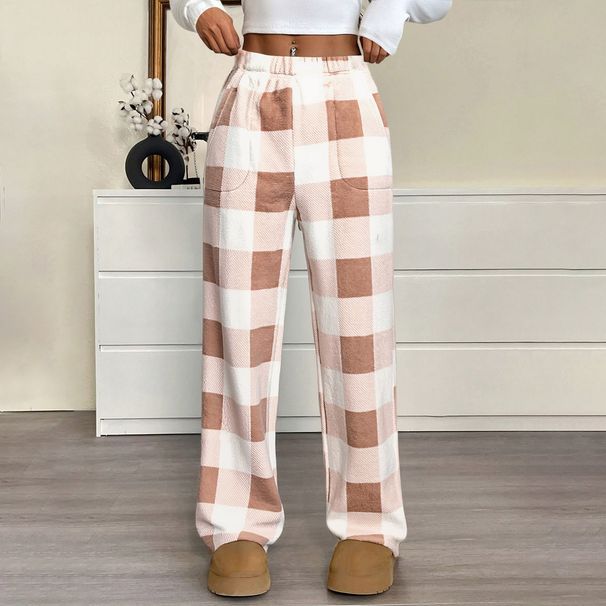 Pajama Pants For Women Elastic Waist Fuzzy Fleece Plaid Bottoms Soft Lounge Sleepwear With Pockets Plush Pajamas Pants_ecoleips.com