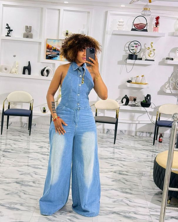 Women's Clothing Backless Halter Neck Sleeveless Lapel High Waist Denim Jumpsuit_ecoleips.com