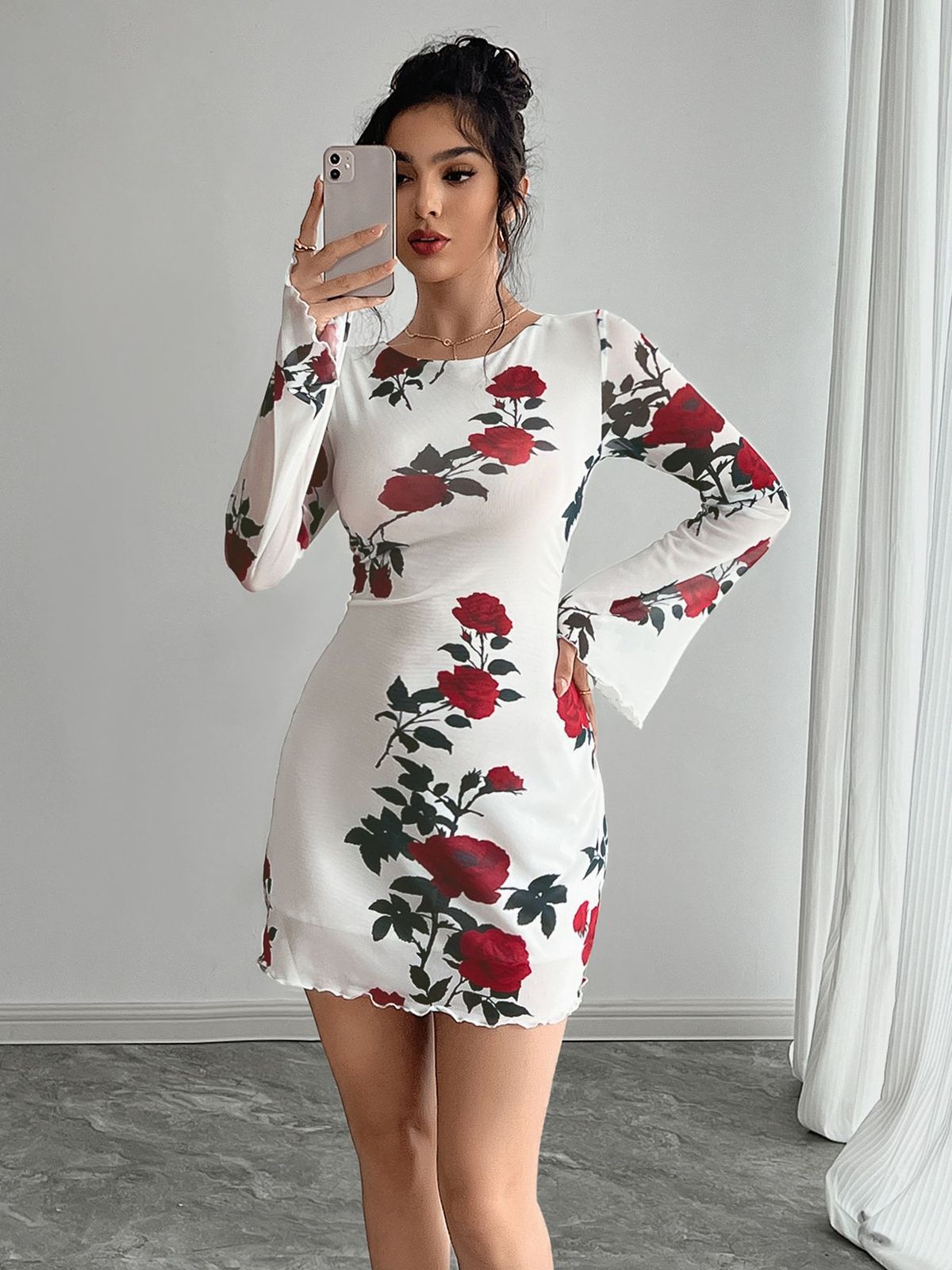 Floral Backless Mini Dress For Women Sexy Mesh Flared Sleeve For Autumn 6 Available_ecoleips.com