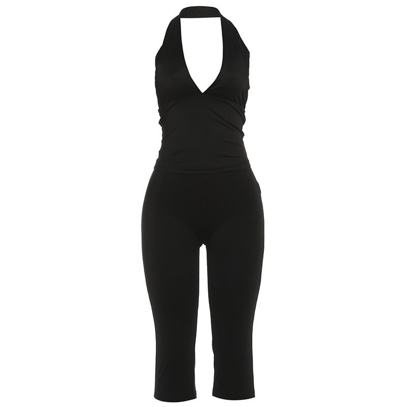 Women's Slim Fit Five Point Pants Set Halter Neck Low Backless Vest Sexy Summer New_ecoleips.com