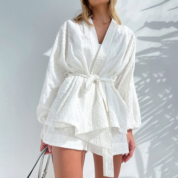 Spring And Summer Fashion V-Neck Bubble Sleeve Set For Women With A Design Sense, Lace-Up Waist And Jacquard Two-Piece S_ecoleips.com