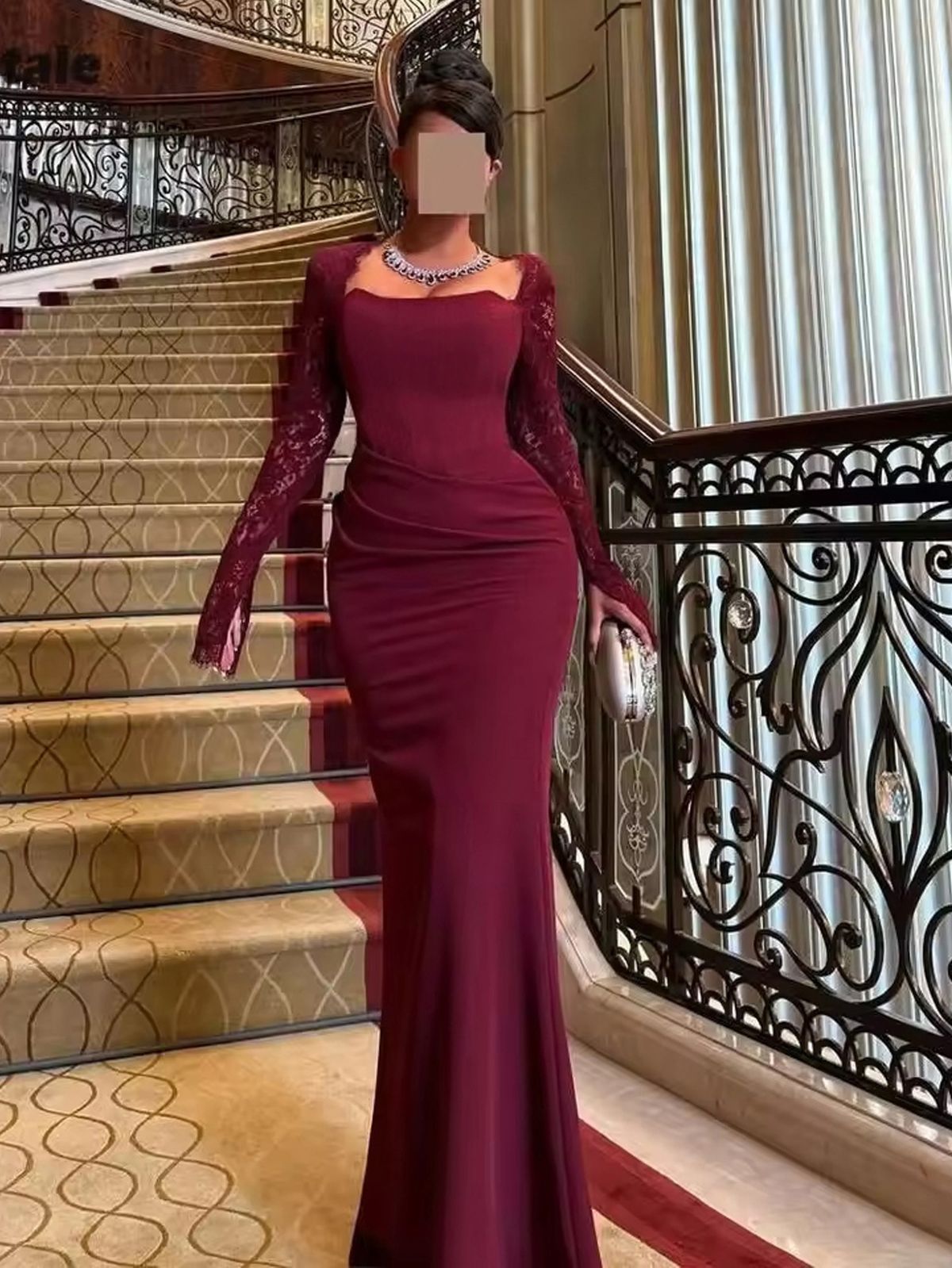 Women's Clothing Burgundy Lace Enchantress Gown – Long-Sleeve Square Neck Wedding Guest Dress (Victorian Mourning Jewel Tones, Gothic Cathedral)_ecoleips.com