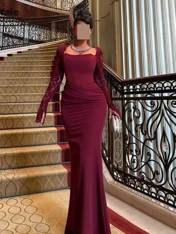 Women's Clothing Burgundy Lace Enchantress Gown – Long-Sleeve Square Neck Wedding Guest Dress (Victorian Mourning Jewel Tones, Gothic Cathedral)_ecoleips.com