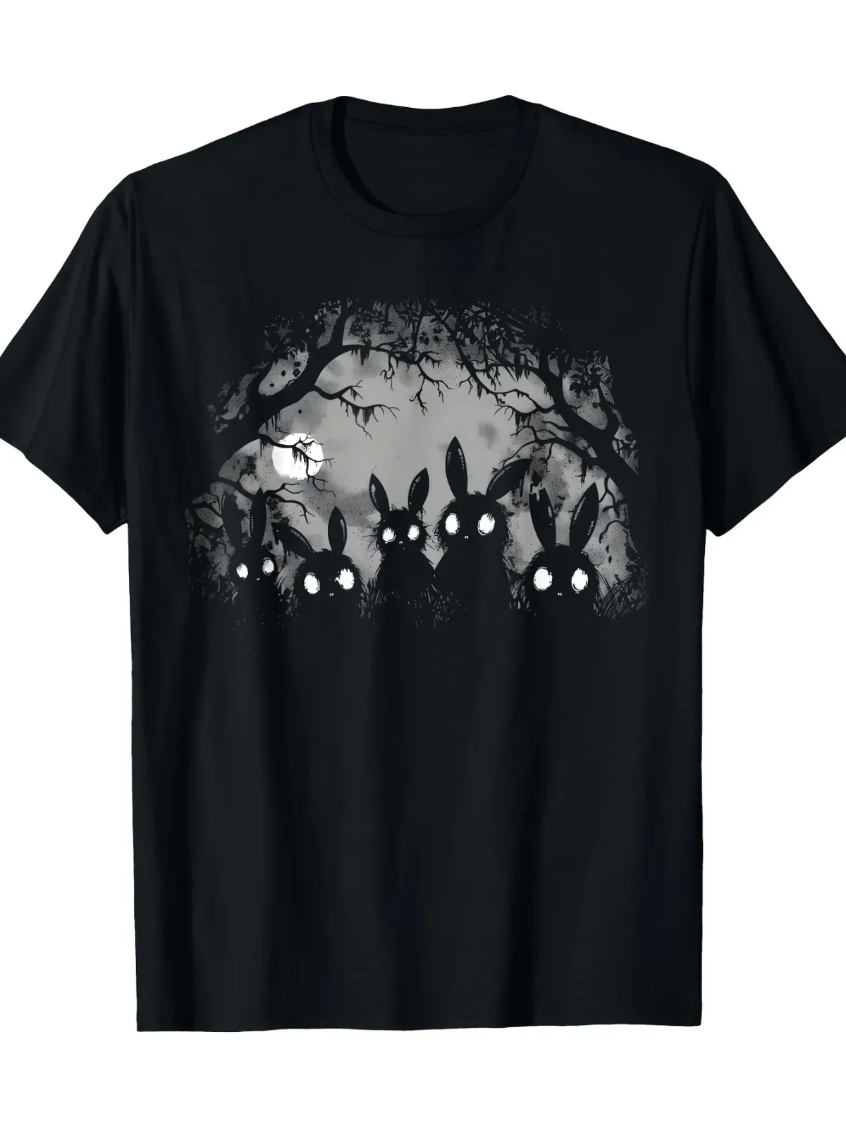 Women's Dark Gothic Style Cute Rabbit Horror Tshirt With Eerie Forest Print Adorned With Full Moon And Bat Motifs Women Clothing_ecoleips.com