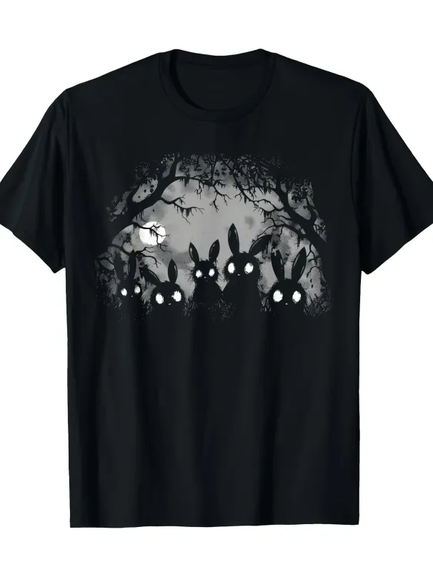 Women's Dark Gothic Style Cute Rabbit Horror Tshirt With Eerie Forest Print Adorned With Full Moon And Bat Motifs Women Clothing_ecoleips.com