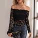 2026 Elegant Fan-shaped Collar Off-shoulder Lace Slim Fit T-shirt Long Sleeve Top_ecoleips.com